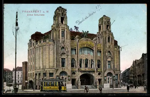AK Frankfurt a. M., Partie am Zirkus Schumann, Strassenbahn