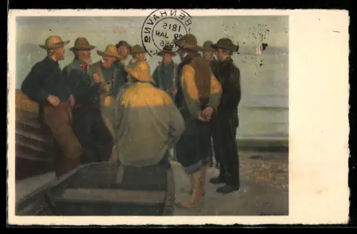 Künstler-AK Fischer bei einer Besprechung am Strand