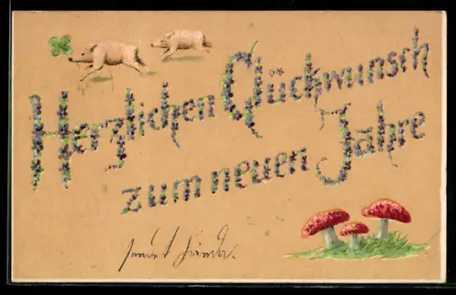 AK Drei Fliegenpilze - Neujahrsgruss
