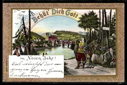 AK Trompeter mit seinem Pferd und Zwerge im Wald - Behüt Dich Gott!