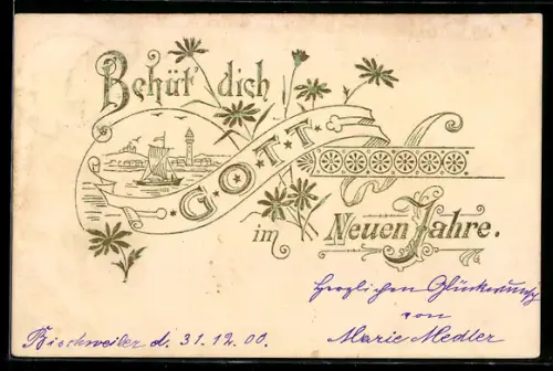 AK Küstenlandschaft mit Leuchtturm und Segelboot, Wahlspruch Behüt Dich Gott
