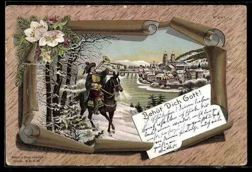 Winter-Lithographie Der Trompeter von Säckingen auf dem Pferd beim Abschied, Behüt Dich Gott!