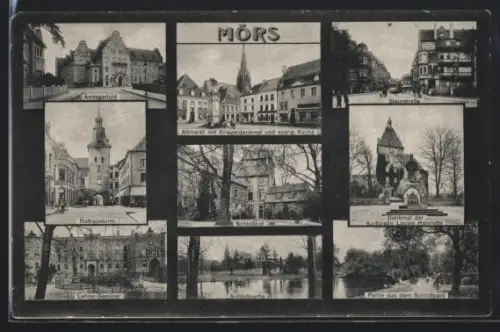 AK Mörs, Altmarkt mit Kriegerdenkmal und evangelischer Kirche, Steinstrasse mit Strassenbahn, Rathausturm