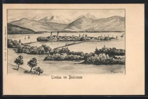 Lithographie Lindau im Bodensee, Ortsansicht mit Bahn