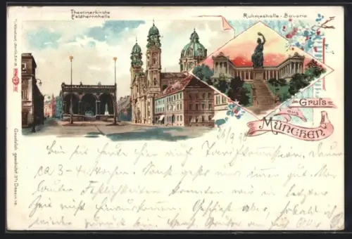 Lithographie München, Theatinerkirche, Feldherrnhalle und Ruhmeshalle Bavaria
