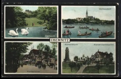 AK Chemnitz, Stadtpark, Schlossteich, Waldschänke, Bismarckturm und -schlösschen