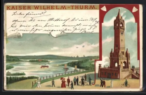 Lithographie Berlin-Grunewald, Kaiser Wilhelm-Thurm, Blick auf den See