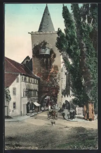 AK Jena, Ortspartie mit Blick auf den Johannesturm und Bäckerei
