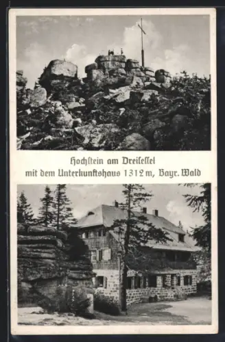AK Dreisessel, Unterkunftshaus, Blick auf die Bergspitze mit Gipfelkreuz