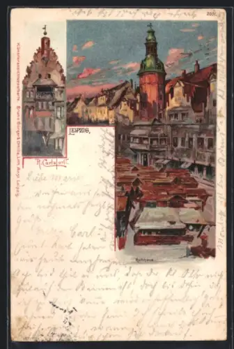 Lithographie Leipzig, Partie mit Blick auf das Rathaus und Marktstände
