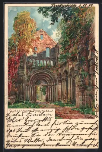 Künstler-AK sign.M. Merker: Paulinzella, Klosterruine eines ehem. Benediktinerkloster