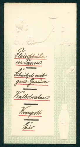 Menükarte Handgeschriebene Speisefolge, geprägtes Portrait einer jungen Frau und Blumenvase