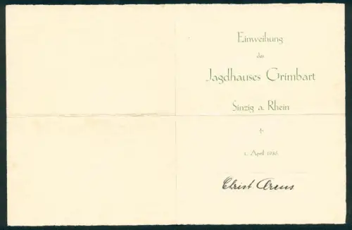 Menükarte Sinzig a. Rhein, Einweihung Jagdhaus Grimbart, 1936, Speisefolge
