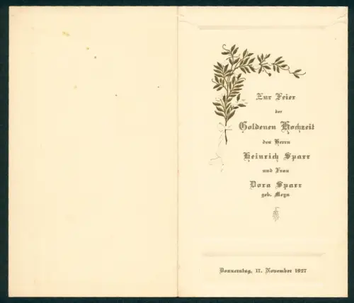 Menükarte Goldene Hochzeit der Eheleute Sparr, 1927, Speisefolge, geprägte Blüten und Blätter