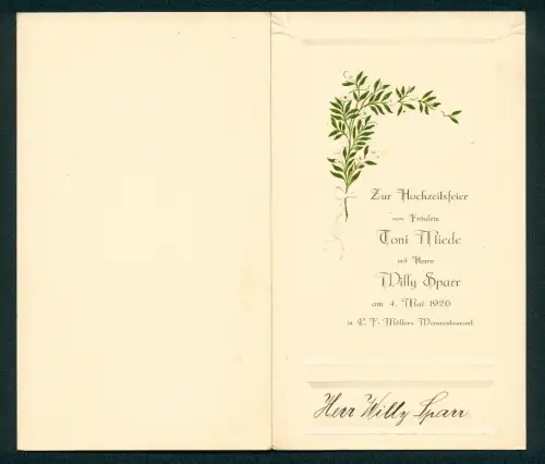 Menükarte C. F. Möllers Weinrestaurant, Hochzeit von Frl. Toni Miede und Herrn Willy Sparr, 1926, Speisefolge
