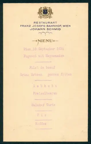 Menükarte Wien, Restaurant Franz Josefs-Bahnhof, Johann Schmid, 1931, Speisefolge, Wappen