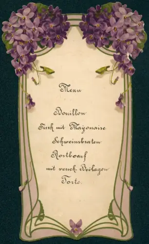 Menükarte Handgeschriebene Speisefolge, Veilchenblüten