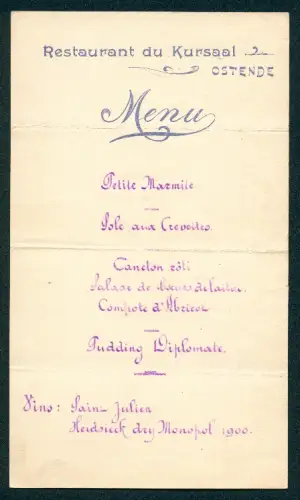 Menükarte Ostende, Restaurant du Kursaal, 1900, Speisefolge, French Naturale Perrier