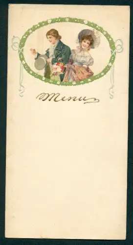 Menükarte Blanko, Junges Paar mit Blumenstrauss