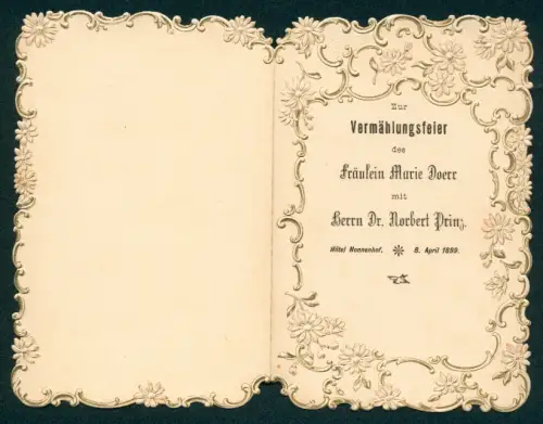 Menükarte Hotel Nonnenhof, Hochzeit von Frl. Marie Doerr mit Herrn Dr. Norbert Prinz, 1889, Speisefolge