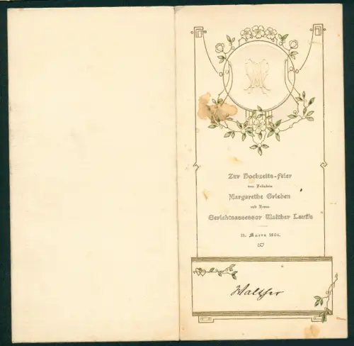 Menükarte Hochzeit von Frl. Margarethe Grieben mit Gerichtsassessor Walther Lauffs, 1904, Speisefolge
