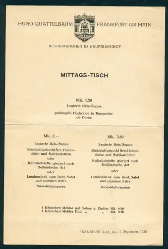 Menükarte Frankfurt am Main, Restaurant im Hauptbahnhof, Hugo Quattelbaum, Speisefolge