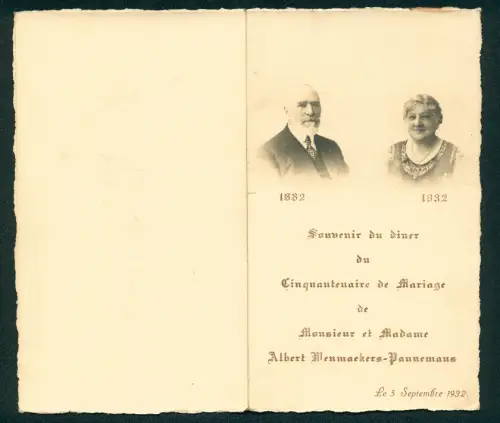 Menükarte Souvenir du diner du Cinquantennaire de Mariage de M. et Mme. Wenmackers-Pannemans, 1932