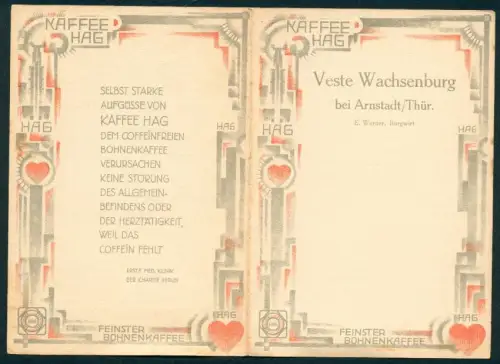 Menükarte Arnstadt /Thür., Veste Wachsenburg, Speisefolge blanko, Kaffee Hag