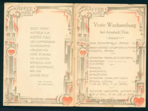 Menükarte Arnstadt /Thür., Veste Wachsenburg, Speisefolge, Kaffee Hag