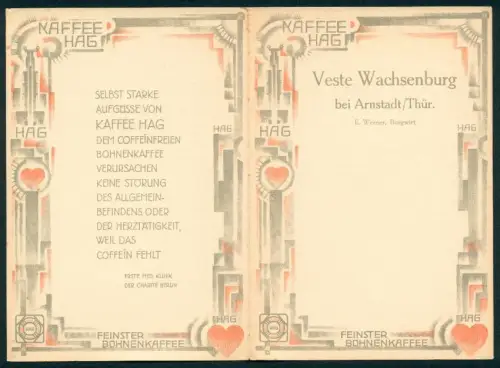 Menükarte Arnstadt /Thür., Veste Wachsenburg, Speisefolge blanko, Kaffee Hag