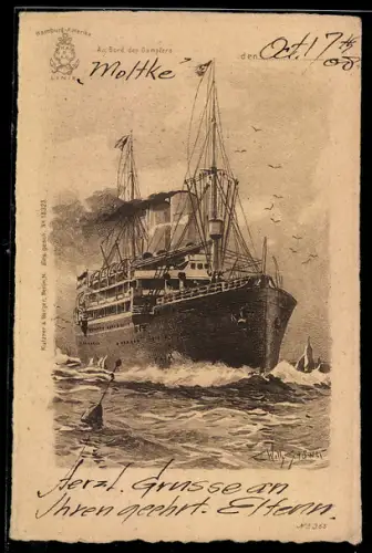 Künstler-AK Willy Stoewer: Dampfer der Hamburg-Amerika-Linie auf hoher See