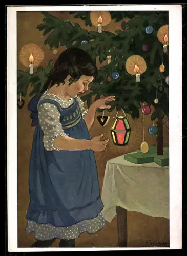 Künstler-AK Franziska Schenkel: Kleines Mädchen unterm Christbaum