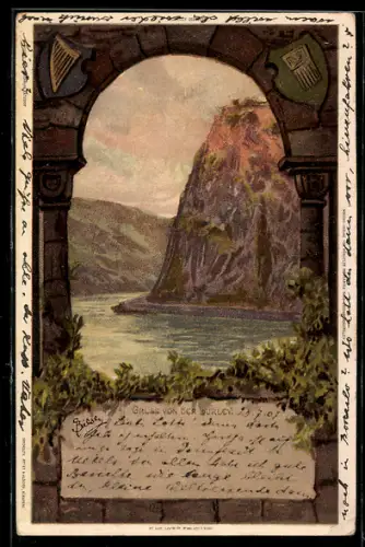Künstler-AK C.Biese: Die Lurley, Loreley, Wappen