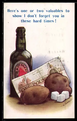Künstler-AK Douglas Tempest: Kartoffeln, Bierflasche, Zuckerwürfel und Ein Pfund-Note