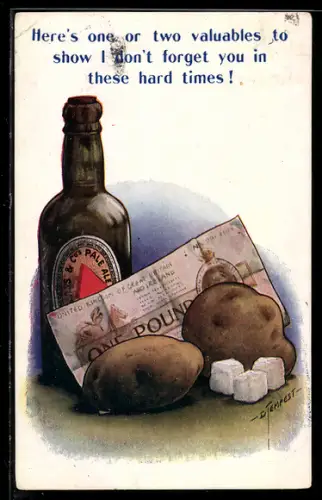Künstler-AK Douglas Tempest: Bierflasche, Ein Pfund-Note, Zuckerwürfel und Kartoffeln