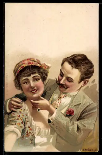 Künstler-Lithographie Eduard Reckziegel: Mann fasst Frau an`s Kinn