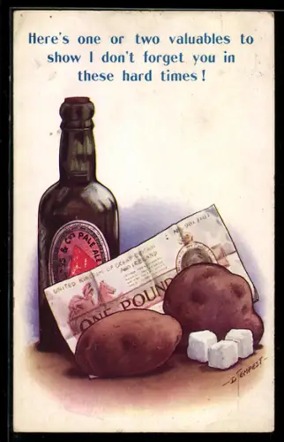 Künstler-AK Douglas Tempest: Kartoffeln, Ein Pfund-Notel, Bierflasche und Zuckerwürfel
