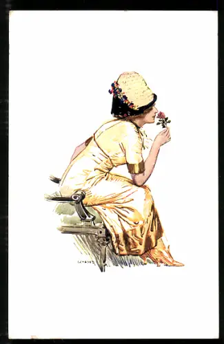 Künstler-AK H. Krenes: Dame im gelben Kleid riecht an einer Rose