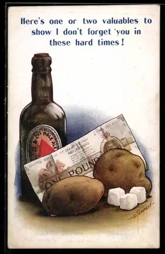 Künstler-AK Douglas Tempest: Bierflasche, Zuckerwürfel, Ein Pfund-Note und Kartoffeln