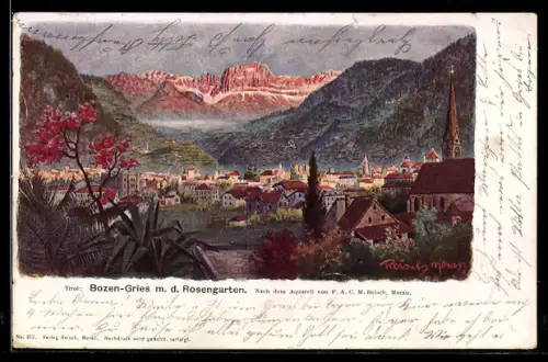 Künstler-AK F.A.C.M. Reisch: Bozen-Gries, Panorama mit dem Riesengarten