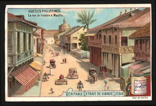Sammelbild Liebig, Aux Îles Philippines, La rue du rosaire à Manille
