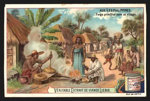 Sammelbild Liebig, Aux Îles Philippines, Forge primitive dans un village