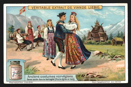 Sammelbild Liebig, Anciens costumes norvégiens, Danse sautée dans le Hallingdal