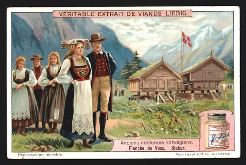 Sammelbild Liebig, Anciens costumes norvégiens, Fiancée de Voss, Stabur