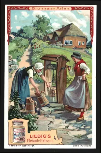 Sammelbild Liebig, Brunnen-Arten, Zwei Frauen am Brunnen im Garten