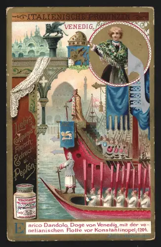 Sammelbild Liebig, Italienische Provinzen, Venedig, Enrico Dandolo mit der venetianischen Flotte vor Konstantinopel