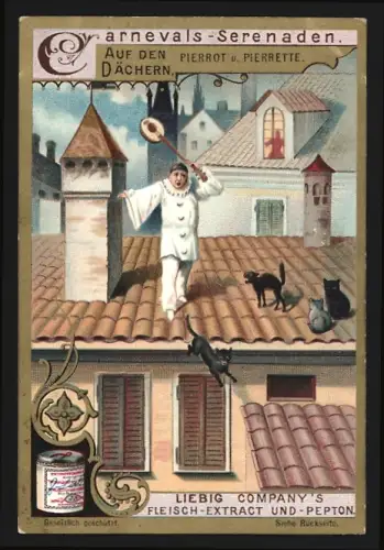 Sammelbild Liebig, Carnevals-Serenaden, Auf den Dächern, Pierrot und Pierrette