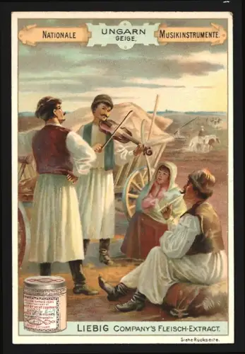 Sammelbild Liebig, Nationale Musikinstrumente, Ungarn, Geiger auf einem Feld