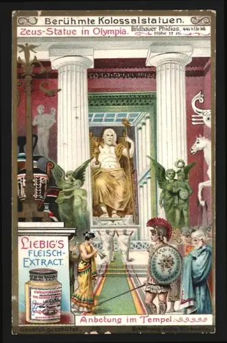 Sammelbild Liebig, Berühmte Kolossalstatuen, Zeus-Statue in Olympia, Anbetung im Tempel