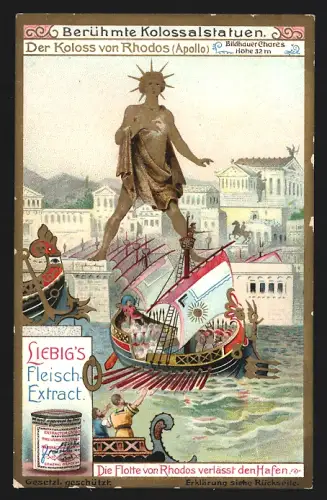 Sammelbild Liebig, Berühmte Kolossalstatuen, Der Koloss von Rhodos, Die Flotte von Rhodos verlässt den Hafen